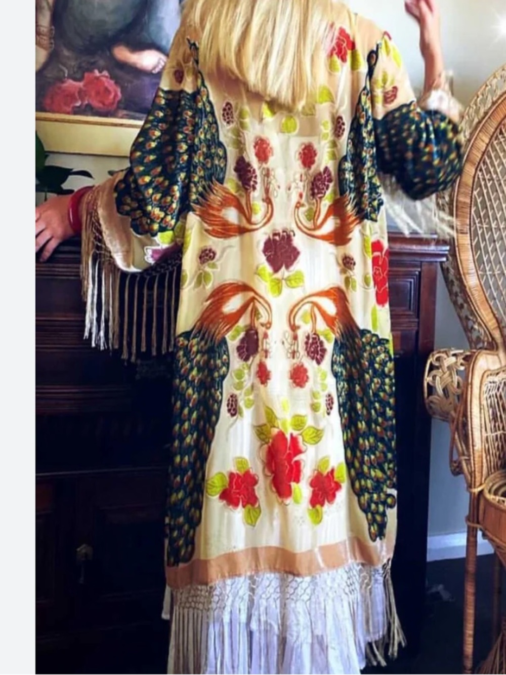 Peacock Burnout Velvet Fringe Kimono Robe Boho Festival BeigeTeal Silk Duster OS - Picture 14 of 14